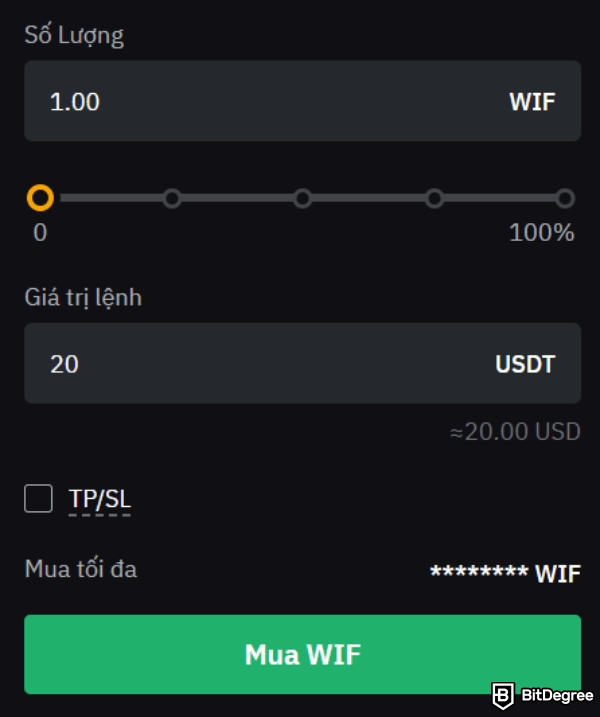 Mua WIF coin như thế nào: Chọn số lượng mua WIF trên ByBit.