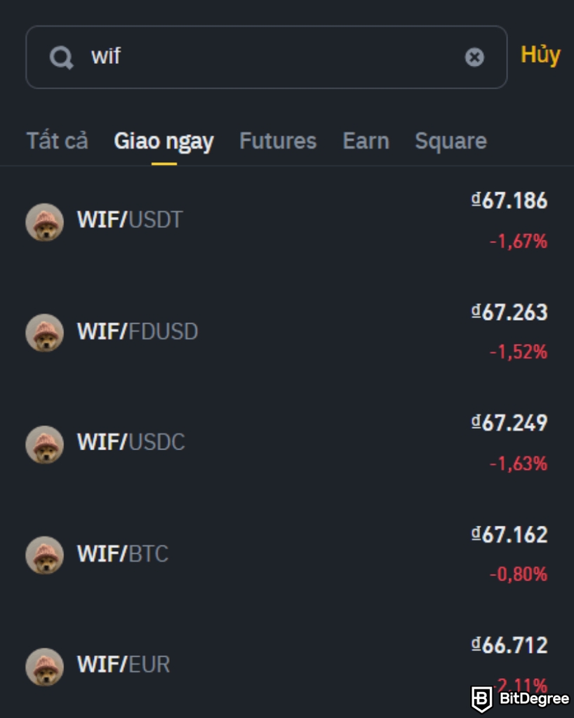 Mua WIF coin như thế nào: Chọn cặp giao dịch trên Binance.