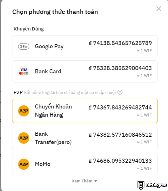 Mua WIF coin như thế nào: Chọn phương thức thanh toán trên ByBit.