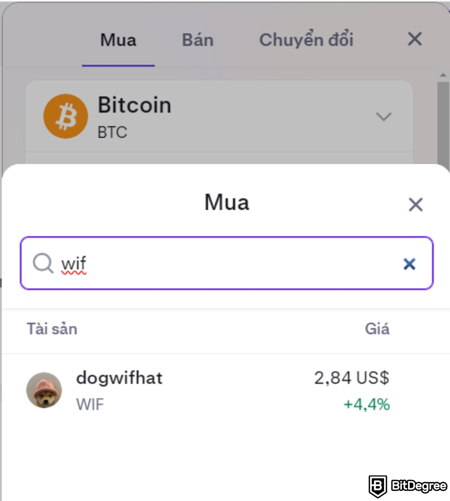 Mua WIF coin như thế nào: Chọn WIF trên thanh tìm kiếm.