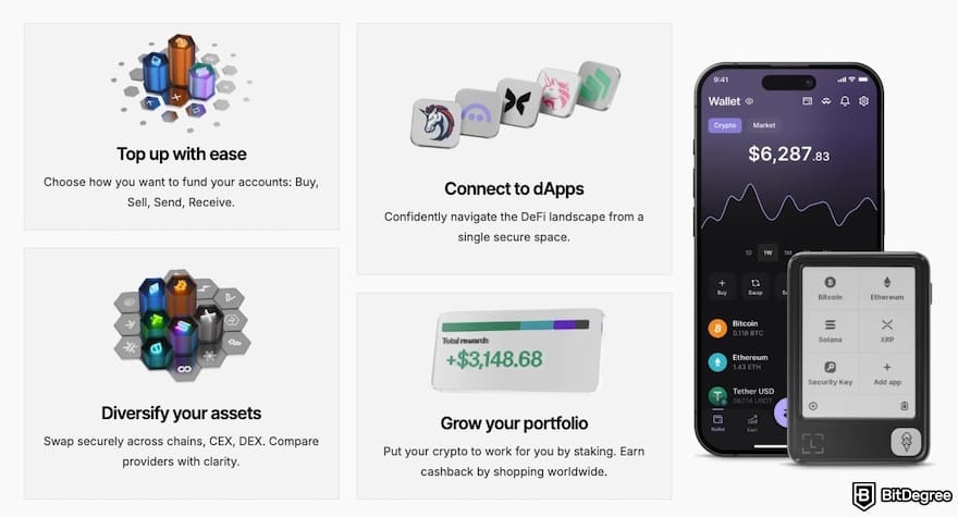 Multi-crypto wallet: a list of Ledger Wallet's features, with photos of Ledger Nano Gen 5 and a smartphone showing the app on the right. Multi-crypto wallet: a list of Ledger Wallet's features, with photos of Ledger Nano Gen 5 and a smartphone showing the app on the right.