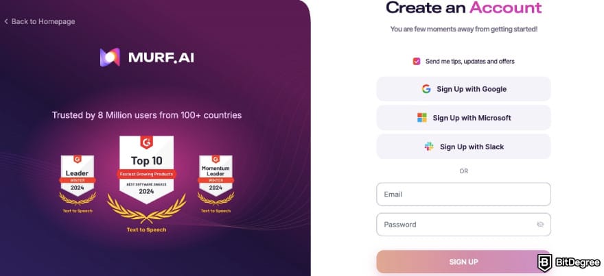 Murf AI promo code: Murf AI's registration page.