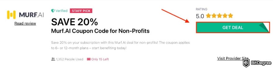 Murf AI promo code: a red arrow pointing to the GET DEAL button.