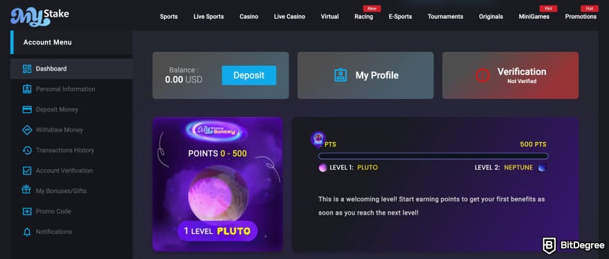 MyStake casino review: account dashboard.