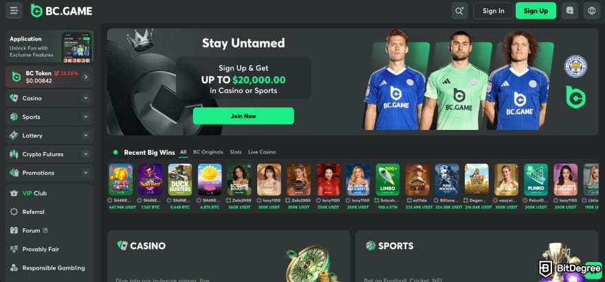 MyStake casino review: BC.GAME homepage.