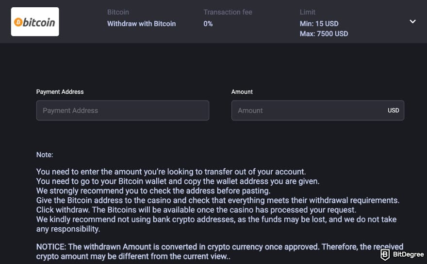 MyStake casino review: Bitcoin withdrawal.