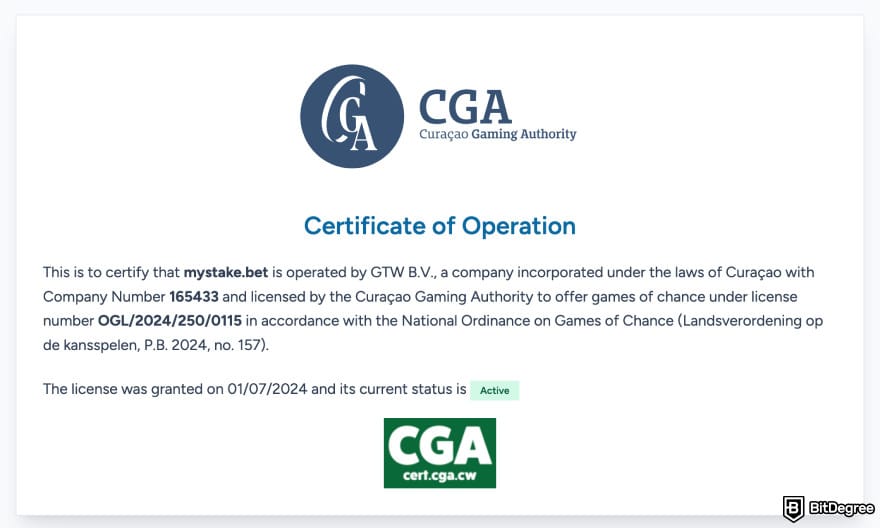 MyStake casino review: CGA certificate.