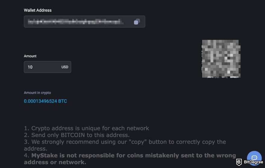 MyStake casino review: deposit address.