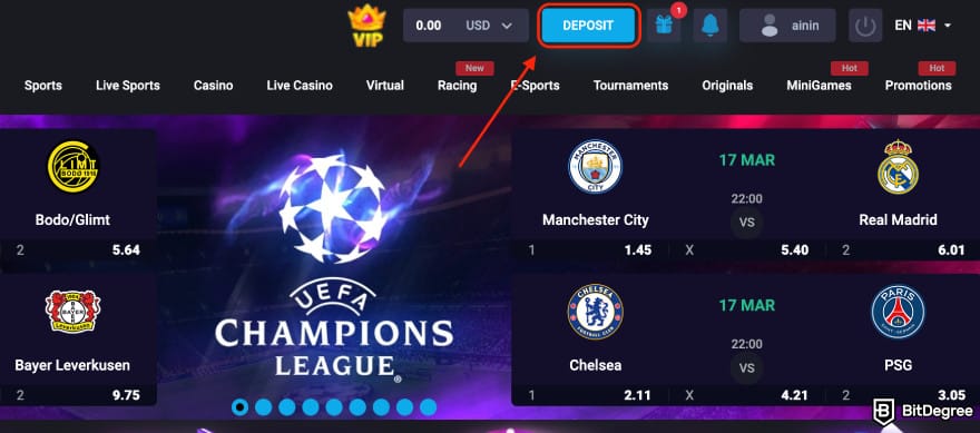 MyStake casino review: the [Deposit] button.