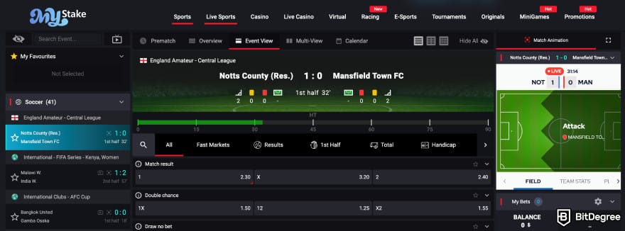 MyStake casino review: the Live Sports section.