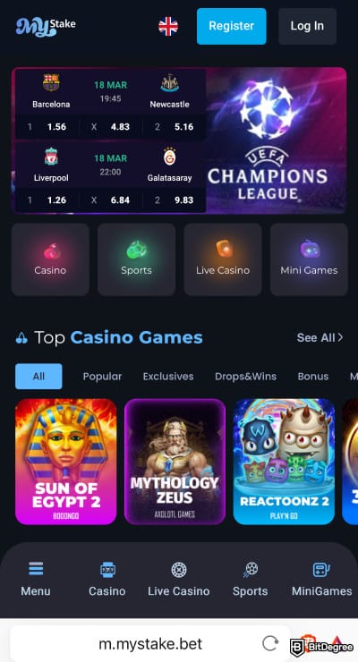 MyStake casino review: MyStake user interface on a mobile browser.