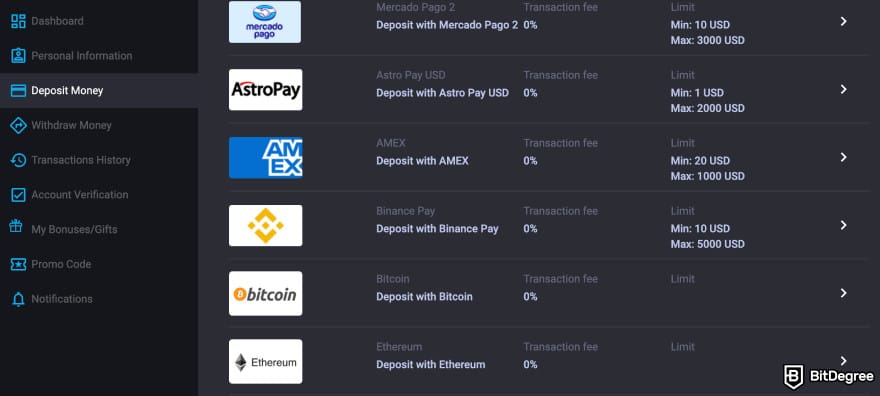 MyStake casino review: choose a way to deposit money.