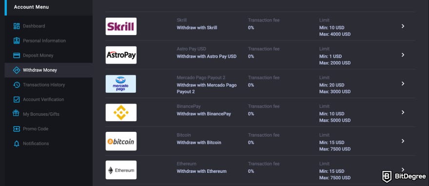 MyStake casino review: available withdrawal methods.