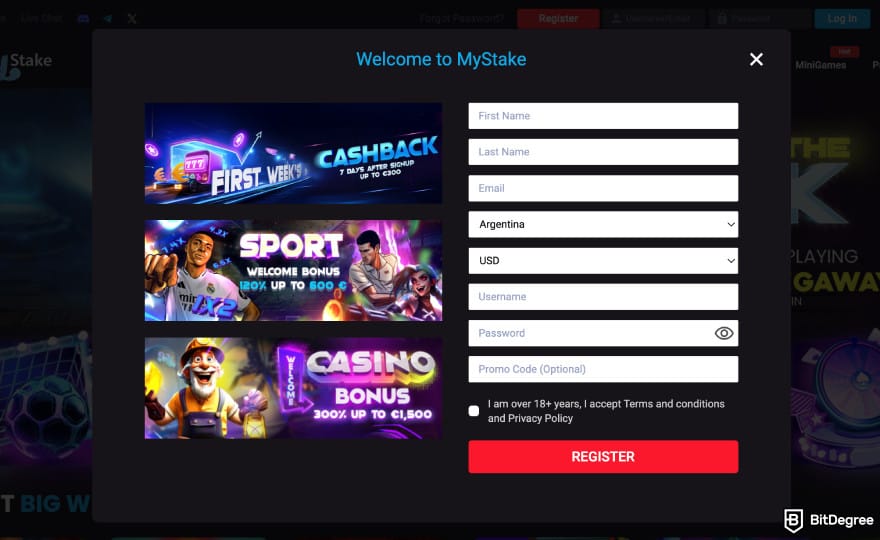MyStake casino review: registration page.