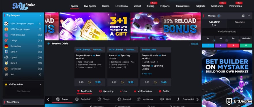 MyStake casino review: the Sports tab.