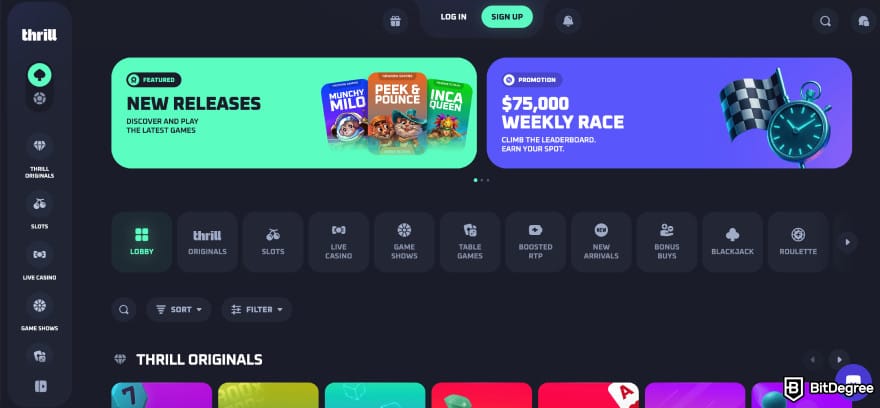 MyStake casino review: Thrill homepage.