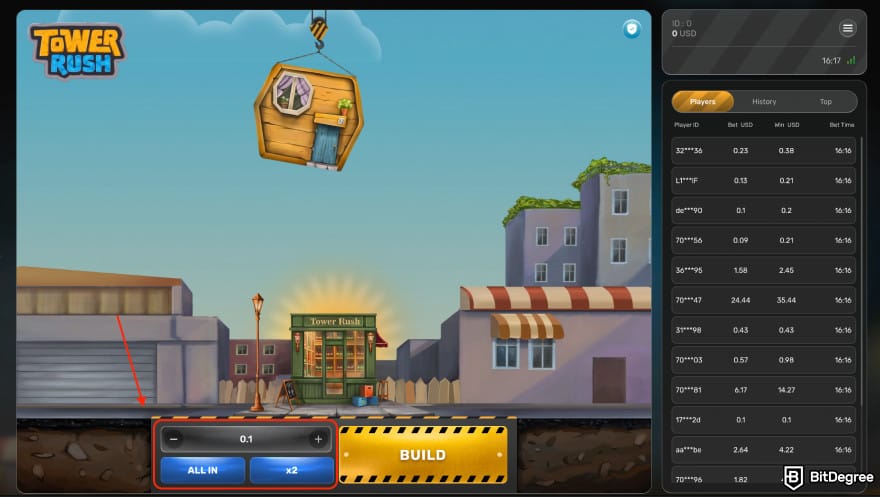 MyStake casino review: Tower Rush gameplay.