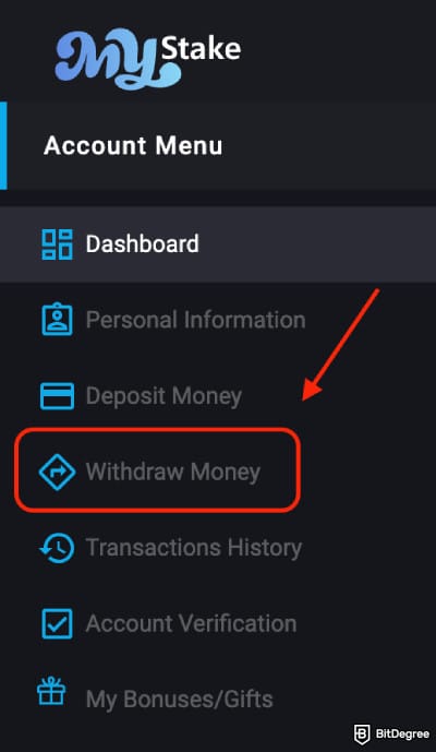 MyStake casino review: the [Withdraw Money] button.