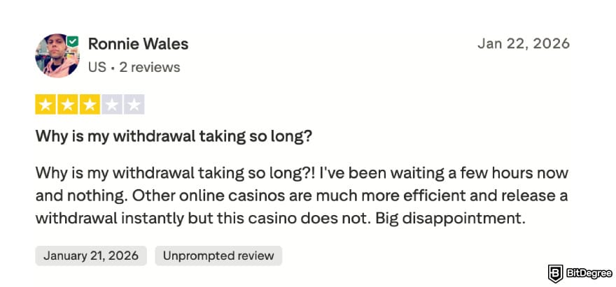 MyStake casino review: user complain about MyStake withdrawal time on Trustpilot.