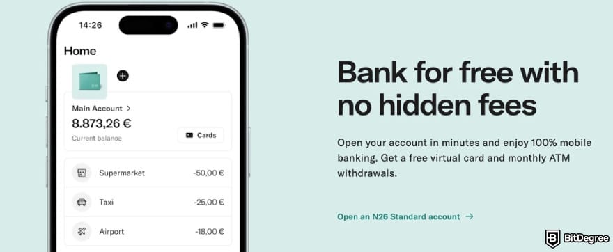 N26 review: N26 stating that it has no hidden fees. N26 review: N26 stating that it has no hidden fees.