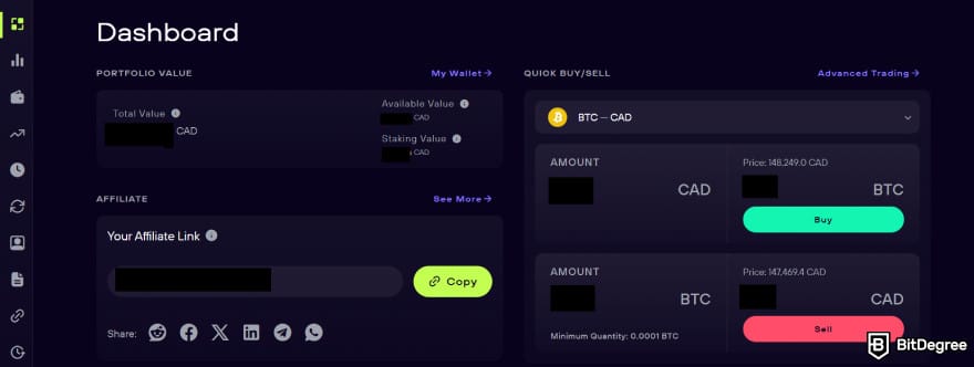 Ndax promo code: the dashboard on Ndax.