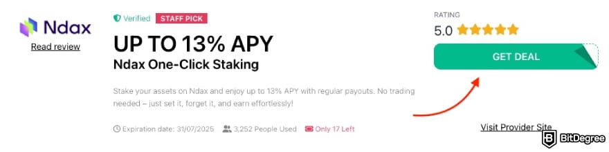 Ndax promo code: a red arrow pointing to the [GET DEAL] button on BitDegree's page.