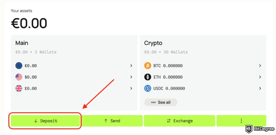Nebeus review: the [Deposit] button.