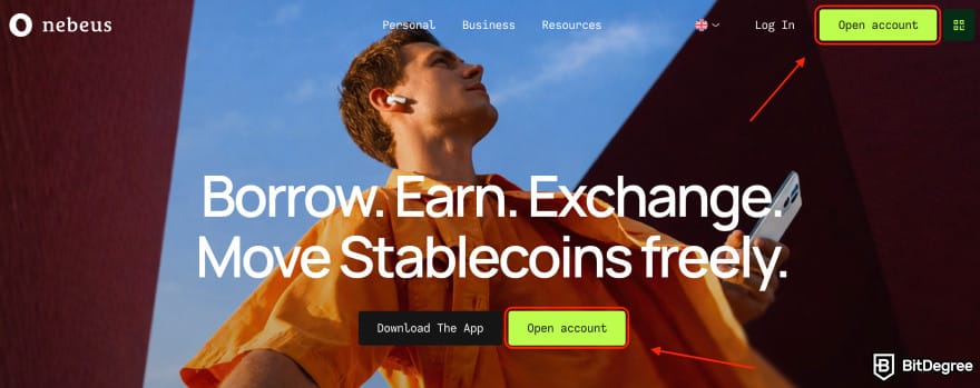 Nebeus review: the [Open account] button.