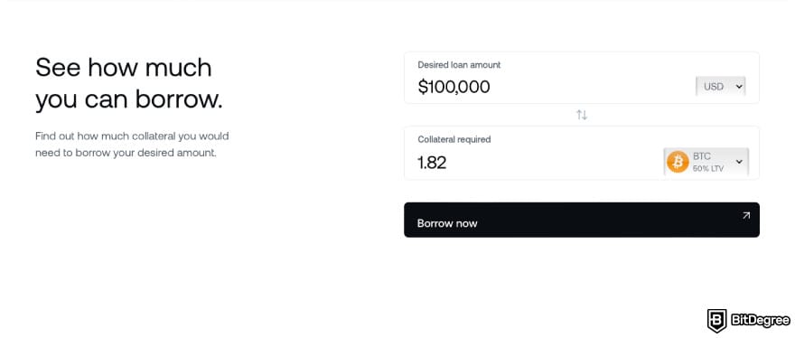 Nexo Card Review: a screenshot of Nexo's collateral calculator.