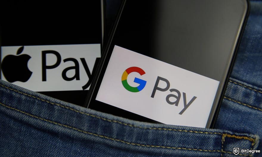 Nexo Card Review: two phones in the jeans' back pocket with stickers that say Apple Pay and Google Pay.