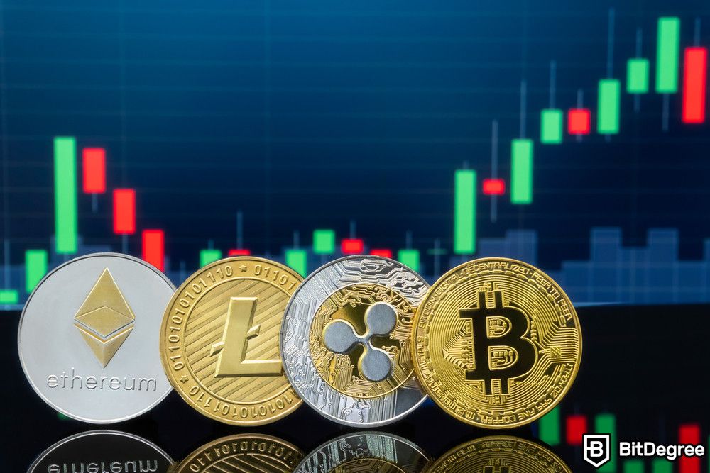 Đợt tăng giá tiền điện tử tiếp theo: kim loại vật chất Bitcoin và các loại tiền điện tử khác với giá thị trường giao dịch ở phía sau.