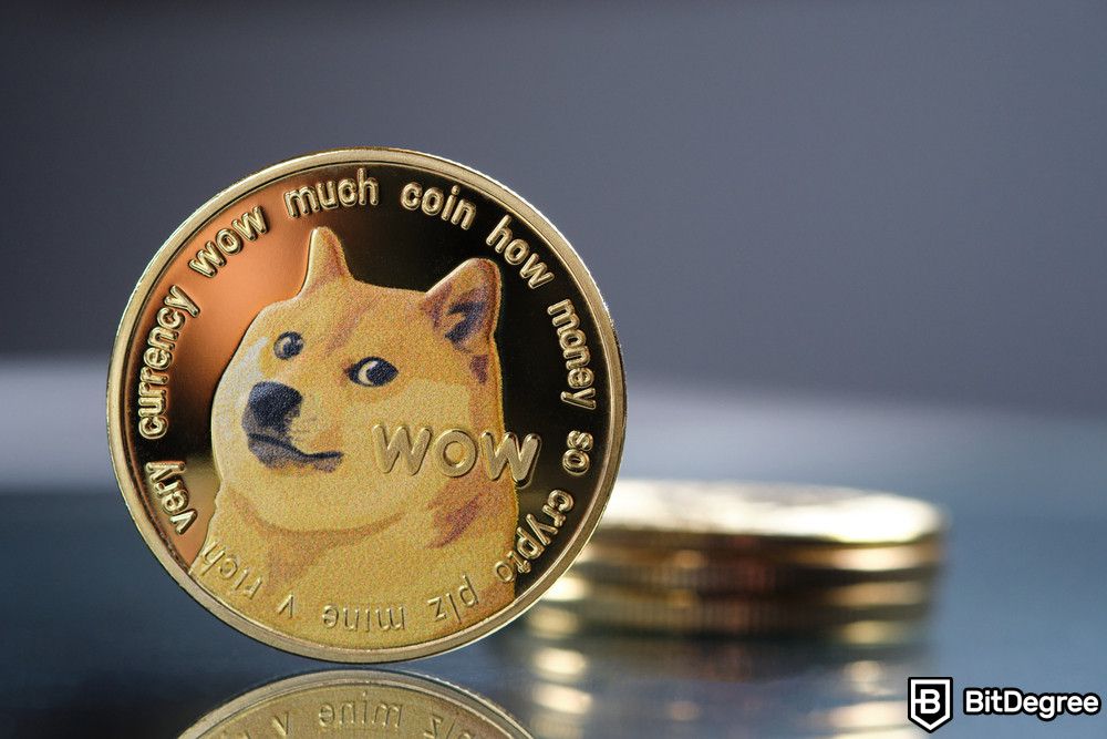 Next crypto bull run: close-up of golden Dogecoin cryptocurrency.