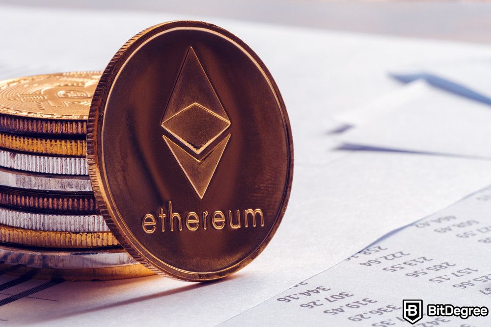 Next crypto bull run: an Ethereum coin and a stack of coins on a paper.