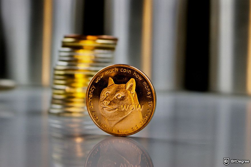 Next crypto to hit $1: a golden Dogecoin token in front of a stack of gold coins.