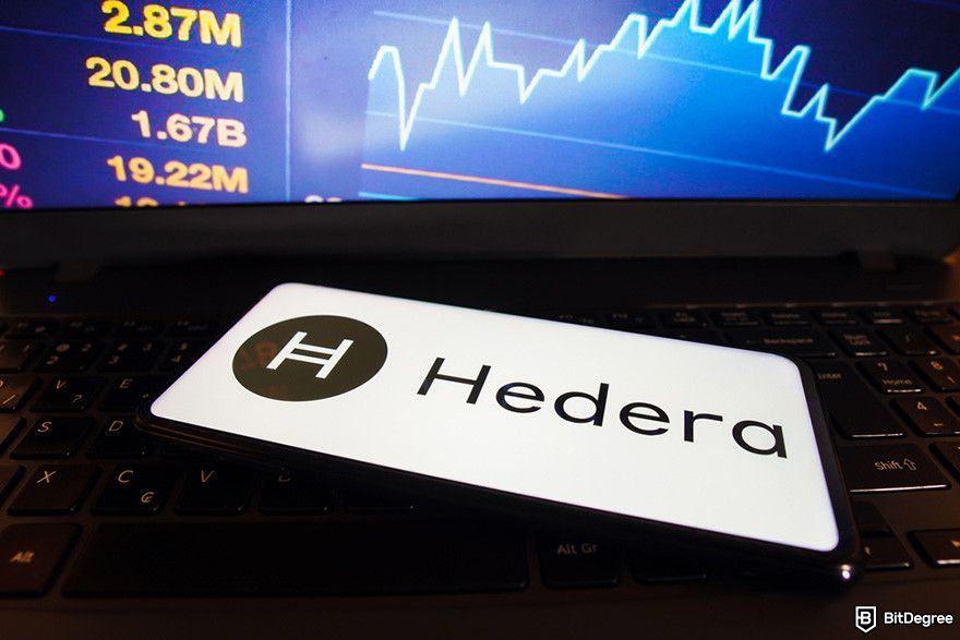 Next crypto to hit $1: a smartphone displaying the Hedera logo in front of a price chart.