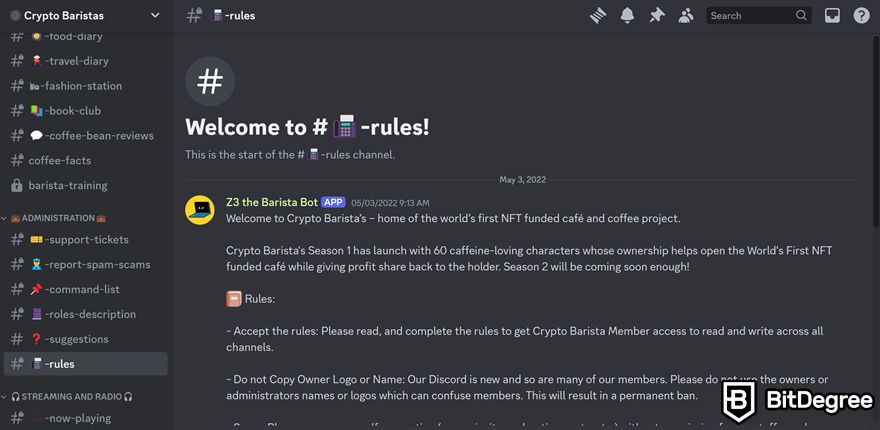 NFT Discord: Crypto Baristas' #rules channel on the Discord server.