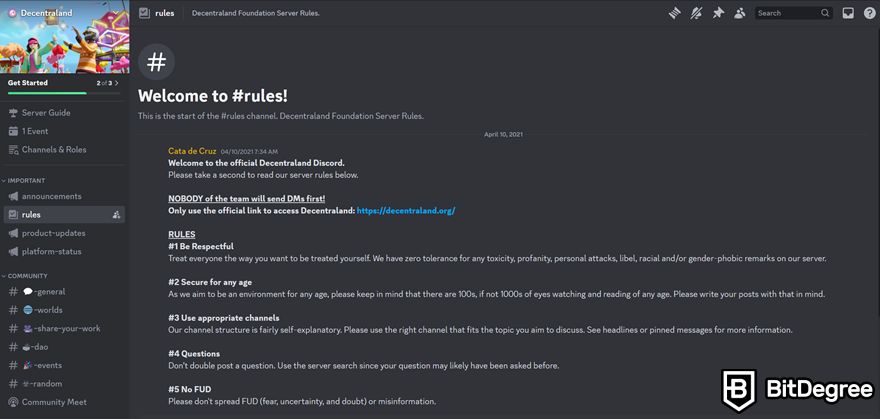 NFT Discord: Decentraland's #rules channel on the Discord server.