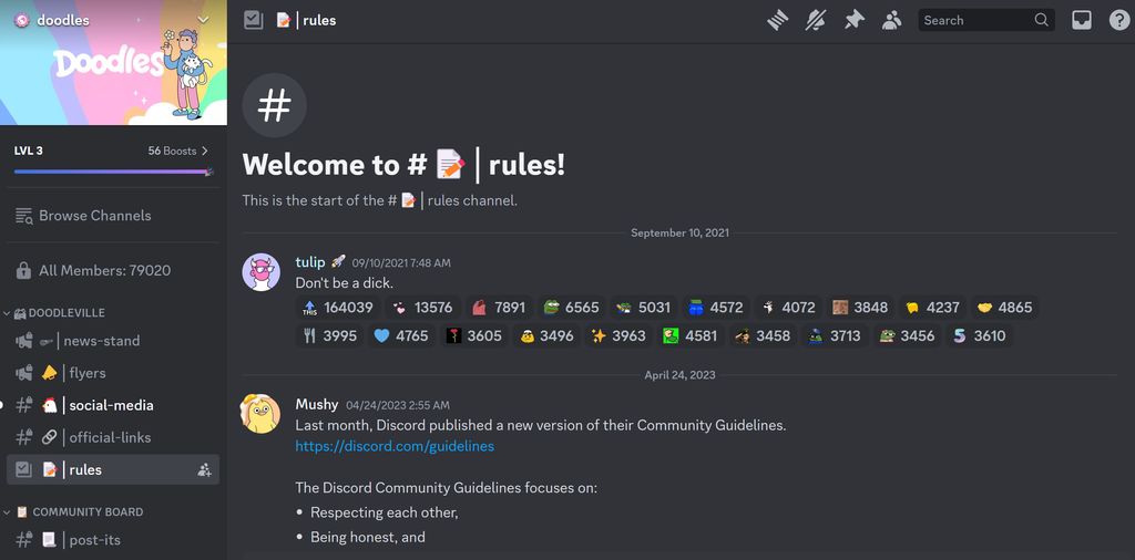 Discord NFT: Kênh #rules của Doodles trên máy chủ Discord.