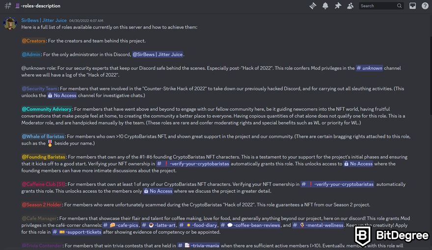 NFT Discord: roles description on Crypto Baristas' Discord server.