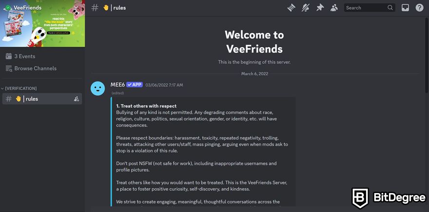 NFT Discord: VeeFriends' welcoming message on Discord.