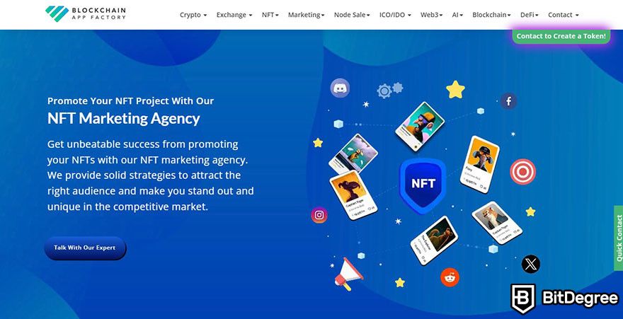 NFT marketing agency: the landing page for NFT marketing service on Blockchain App Factory's website.