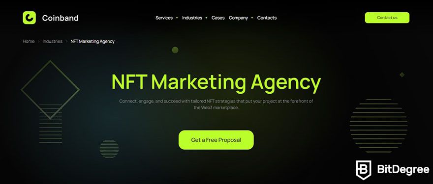 NFT marketing agency: the landing page for NFT marketing service on Coinband's website.