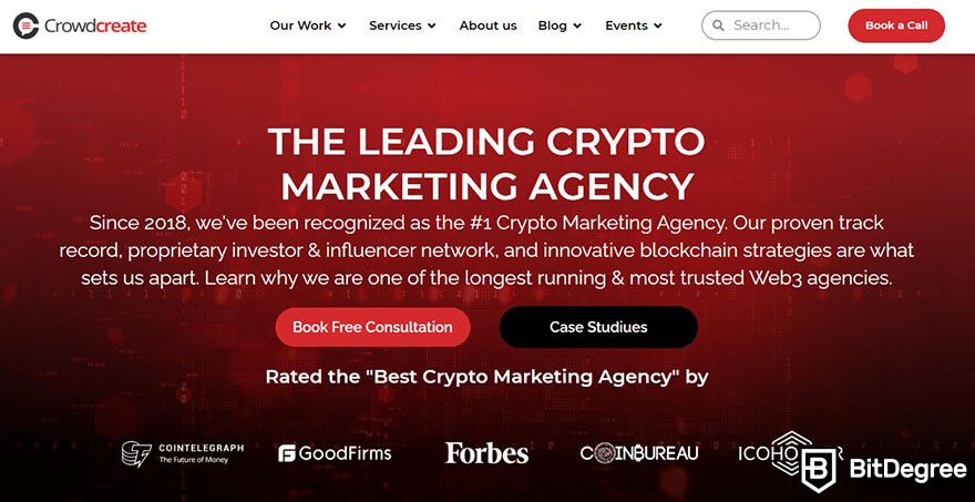 NFT marketing agency: the landing page for crypto marketing service on Crowdcreate's website.