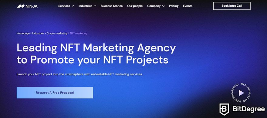 NFT marketing agency: the landing page for NFT marketing service on NinjaPromo's website.