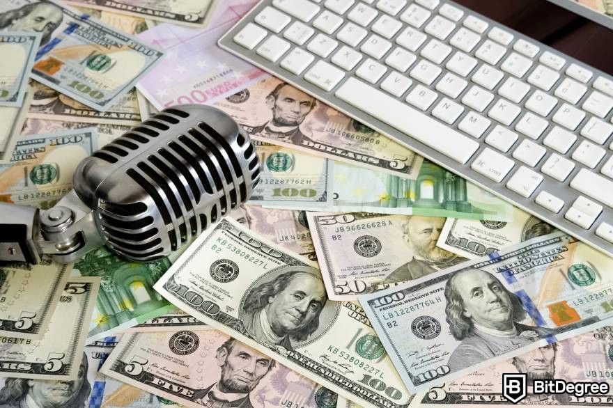 NFT Music: Desk with microphone, keyboard, and money.