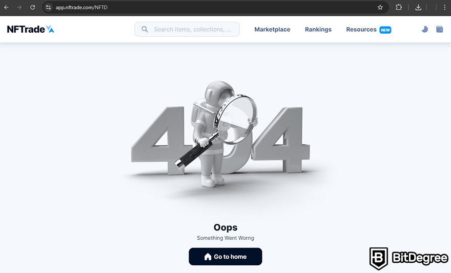 NFTrade review: an error 404 page on NFTrade website.