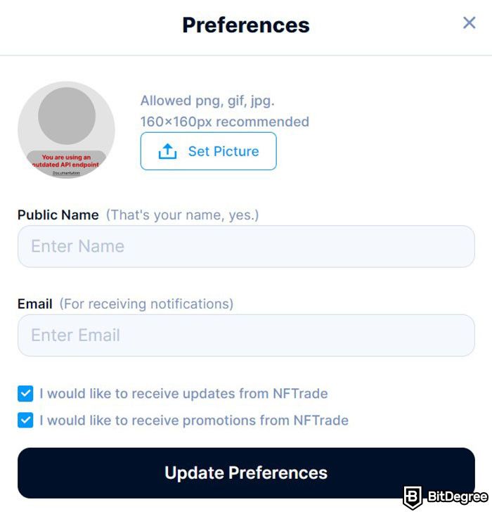 NFTrade review: the account preferences window on NFTrade's website.