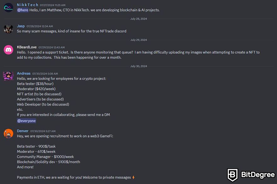 NFTrade review: the general discussion channel on NFTrade's official Discord server showing messages from its members.