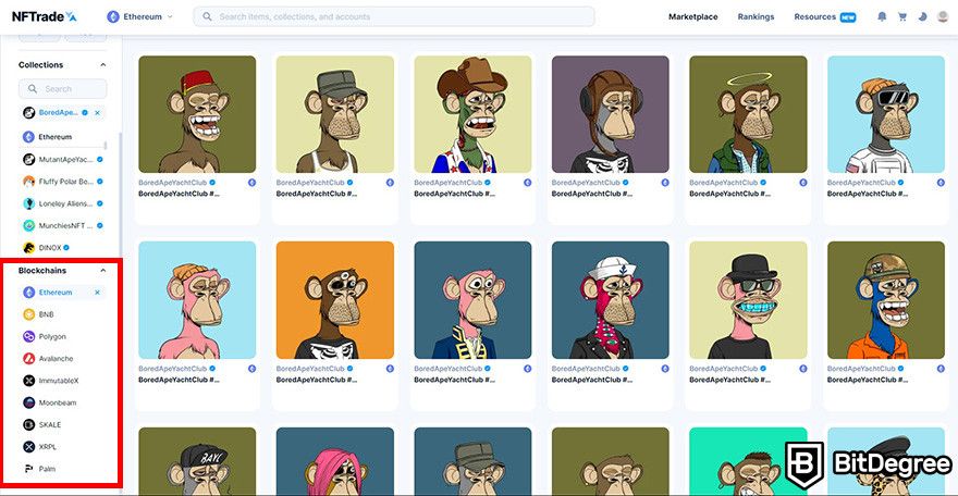 NFTrade review: the marketplace page on NFTrade showing BAYC NFT listings with the blockchain options highlighted.
