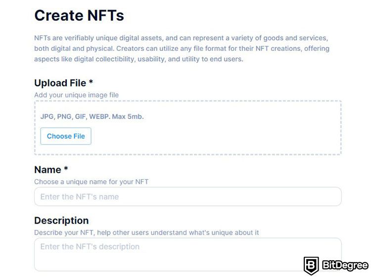 NFTrade review: the NFT creation page on NFTrade.